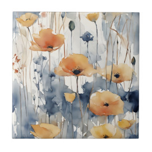 Watercolor Orange Flowers Blue Indigo Design 347 Tile