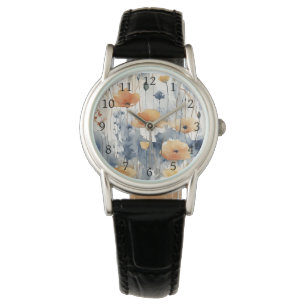 Watercolor Orange Flowers Blue Indigo Design 347 Watch