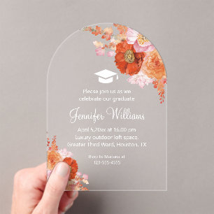 watercolor orange flowers modern party graduation  acrylic invitations