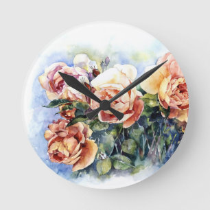 Watercolor orange flowers roses illustration flowe round clock