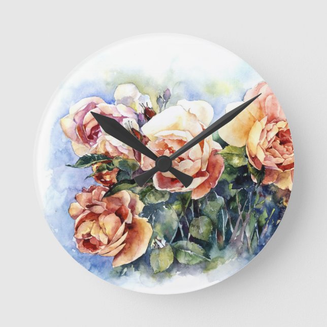 Watercolor orange flowers roses illustration flowe round clock (Front)
