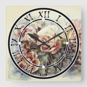 Watercolor orange flowers roses illustration flowe square wall clock