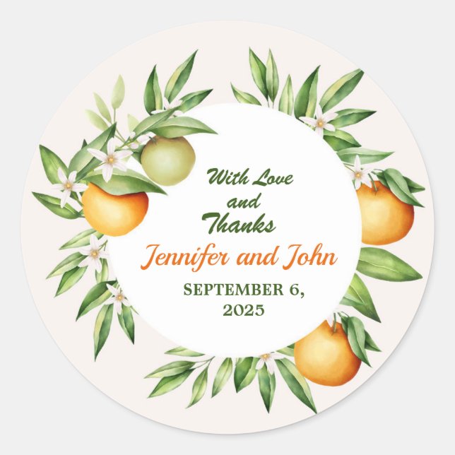 Watercolor Orange Fruit Botanical Wedding Classic Round Sticker (Front)