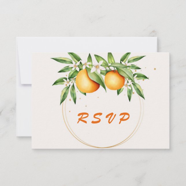 Watercolor Orange Fruit Botanical Wedding RSVP Card (Front)