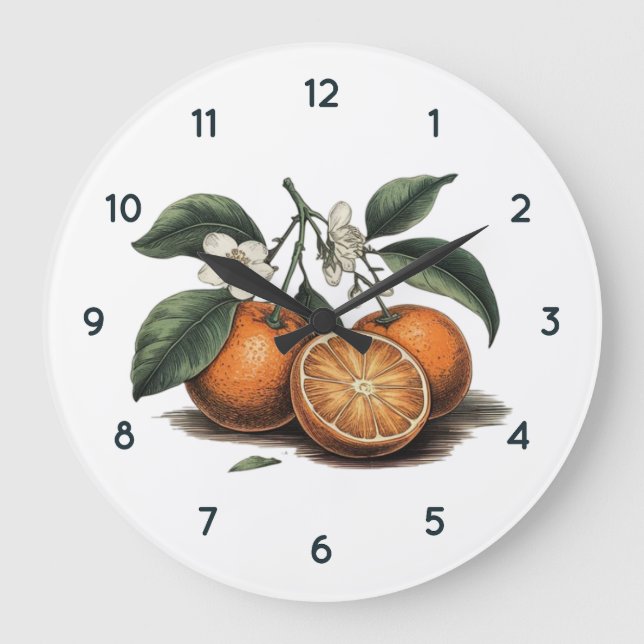 Watercolor Orange fruit Clock with Black numbers (Front)