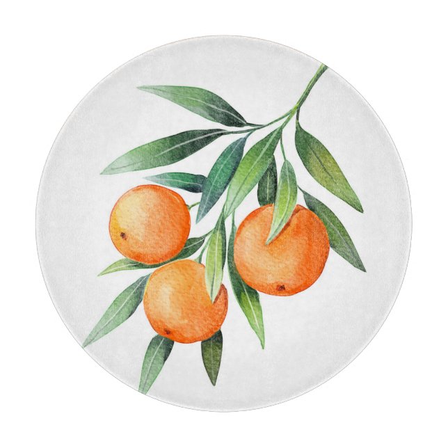 Watercolor Orange Fruits: Branches Isolated. Cutting Board (Front)