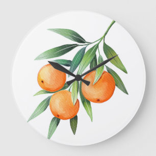 Watercolor Orange Fruits: Branches Isolated. Large Clock