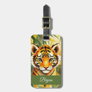 Watercolor Orange & Green Cute Tiger Kids Name Luggage Tag