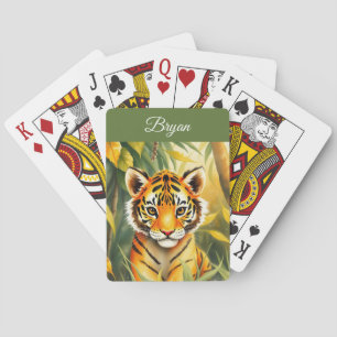 Watercolor Orange & Green Cute Tiger Kids Name Playing Cards