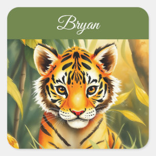 Watercolor Orange & Green Cute Tiger Kids Name Square Sticker