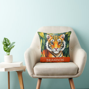 Watercolor Orange & Green Tiger Cub Kids Name Cushion