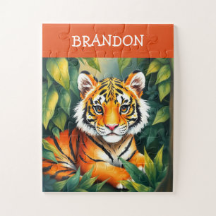 Watercolor Orange & Green Tiger Cub Kids Name Jigsaw Puzzle