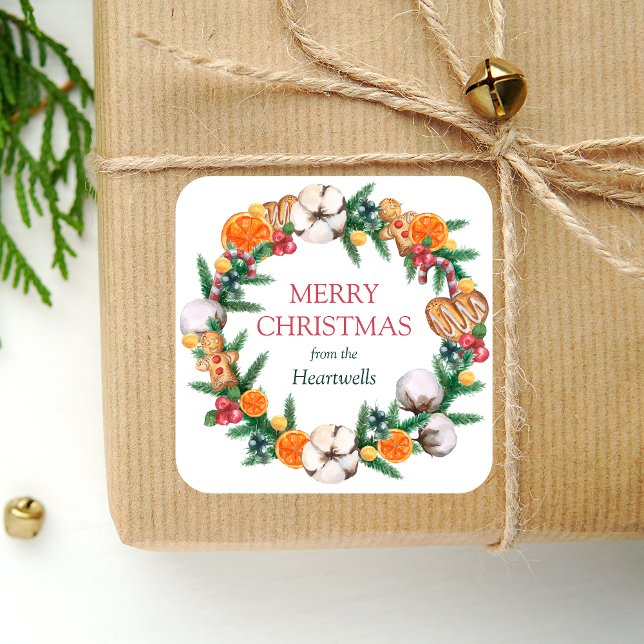 Watercolor Orange Holiday Wreath Merry Christmas Square Sticker (Creator Uploaded)