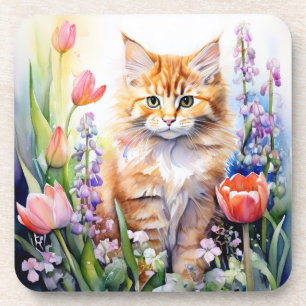 Watercolor Orange Kitty Cat In Flower Garden Coaster
