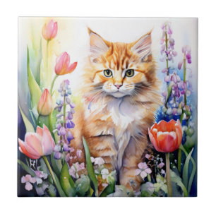 Watercolor Orange Kitty Cat In Flower Garden Tile