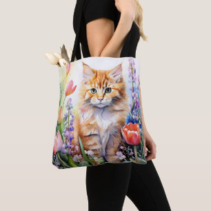 Watercolor Orange Kitty Cat In Flower Garden Tote Bag