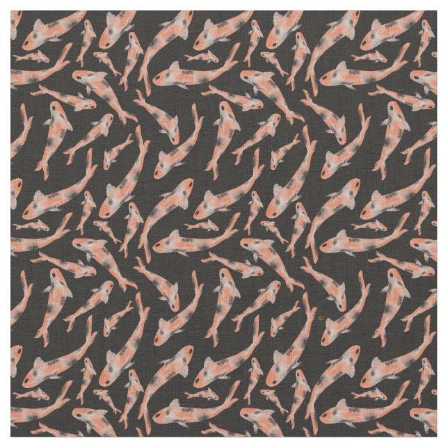 Watercolor Orange Koi Black Fish Pattern Fabric (Close Up)