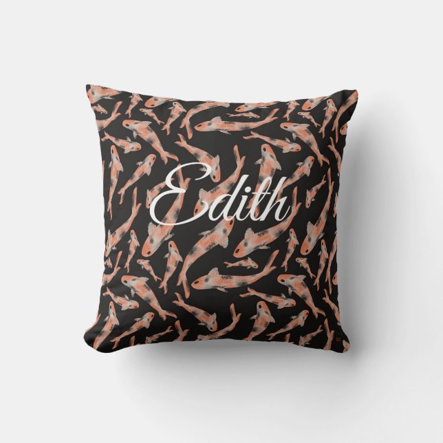 Watercolor Orange Koi Fish Black Personalised  Cushion (Front)