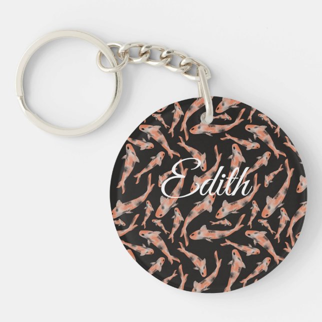 Watercolor Orange Koi Fish Black Personalised Key Ring (Front)