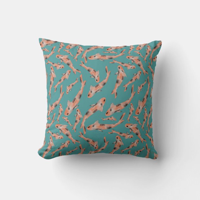 Watercolor Orange Koi Fish Turquoise Pattern Cushion (Front)