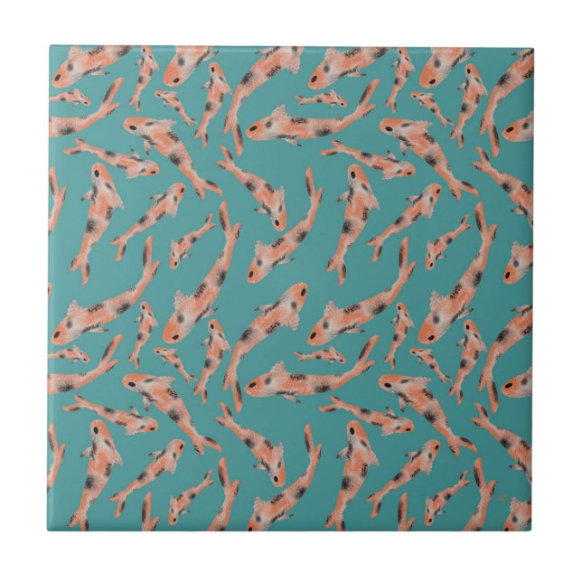 Watercolor Orange Koi Fish Turquoise Pattern Tile (Front)