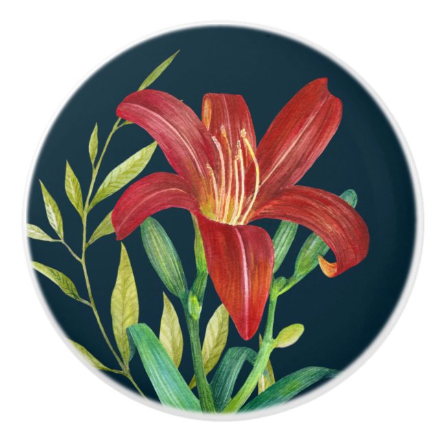 Watercolor Orange Lily Illustration Dark Blue Ceramic Knob (Front)