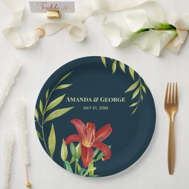 Watercolor Orange Lily Illustration Dark Turquoise Paper Plate (Wedding)