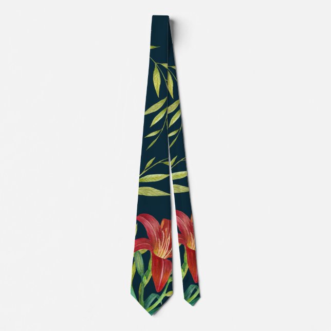 Watercolor Orange Lily Illustration Dark Turquoise Tie (Front)
