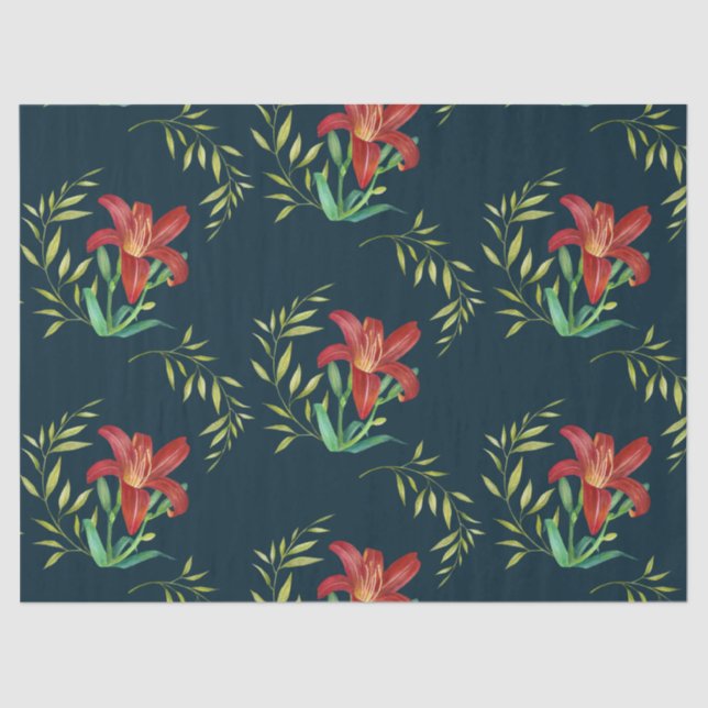 Watercolor Orange Lily Illustration Dark Turquoise Tissue Paper (Front)