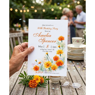 Watercolor Orange Marigold Floral Birthday Invitation