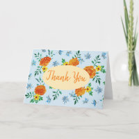 Watercolor Orange Marigold Flowers Light Blue