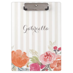 Watercolor Orange Peonies Pinstripes Custom Clipboard