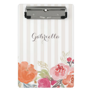 Watercolor Orange Peonies Pinstripes Personalised Mini Clipboard
