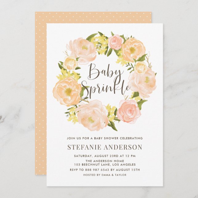 Watercolor Orange Peony Wreath Baby Sprinkle Invitation (Front/Back)