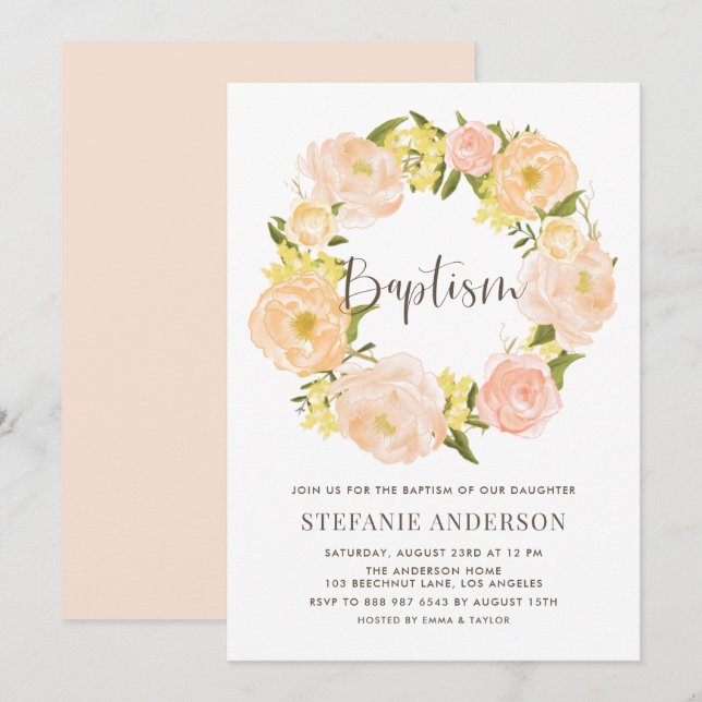 Watercolor Orange Peony Wreath Baptism Invitation (Front/Back)