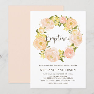 Watercolor Orange Peony Wreath Baptism Invitation