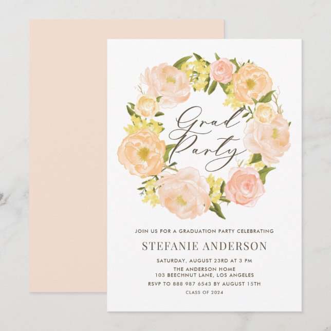 Watercolor Orange Peony Wreath Graduation Party Invitation (Front/Back)