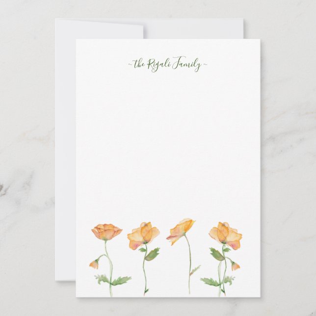Watercolor Orange Poppies Personalised Stationery Card (Front)