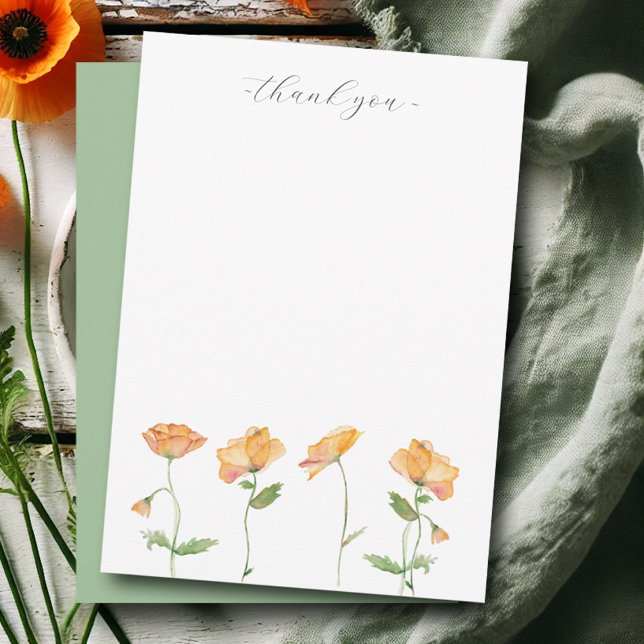 Watercolor Orange Poppies Thank You Stationery Card (Wedding thank you notecard watercolor orange poppy flowers art by Victoria Grigaliunas)