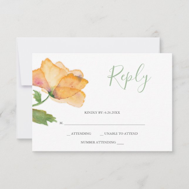 Watercolor Orange Poppy Flower Reply RSVP Card (Front)
