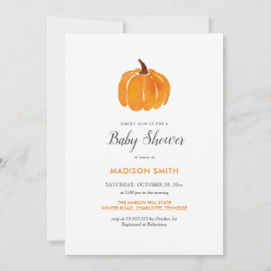 Watercolor Orange Pumpkin Autumn Baby Shower Invitation