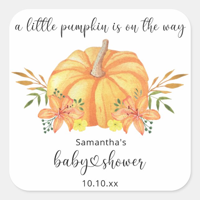 Watercolor orange Pumpkin baby shower Square Sticker (Front)