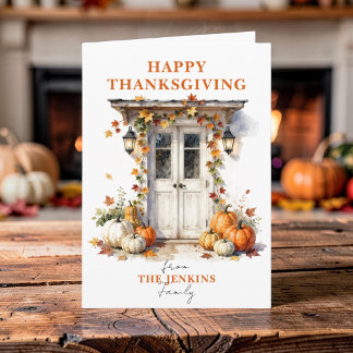 Watercolor Orange Pumpkins Front Door Thanksgiving Card