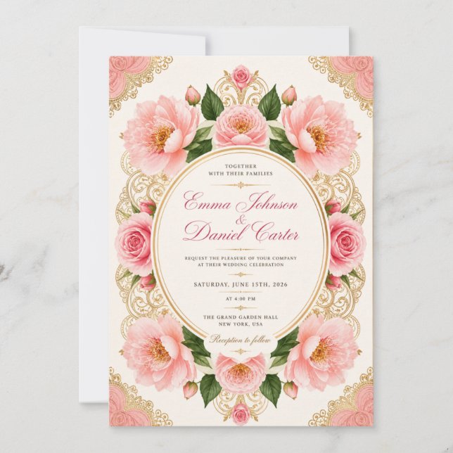 Watercolor Orange Rose Wedding Invitation Template (Front)