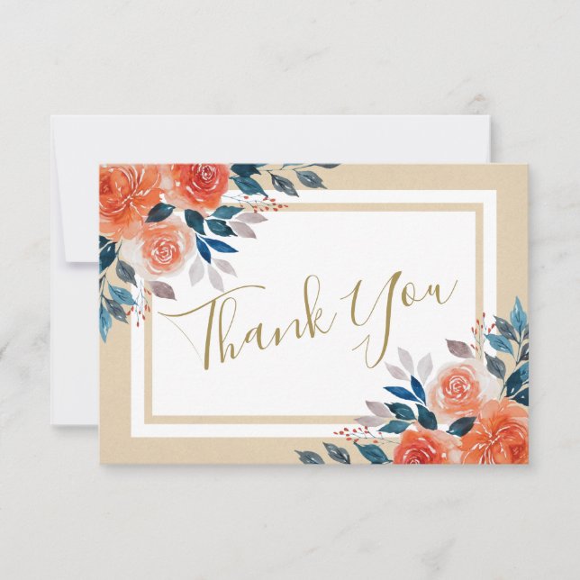 Watercolor Orange Roses  Wedding Thank You  Card (Front)