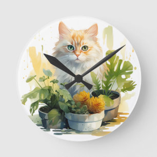 WATERCOLOR ORANGE TABBY CAT WITH FLOWERS ROUND CLOCK