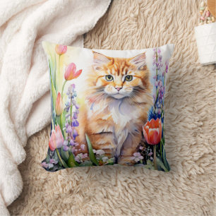 Watercolor Orange Tabby Kitty Cat In Flower Garden Cushion