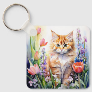 Watercolor Orange Tabby Kitty Cat In Flower Garden Key Ring