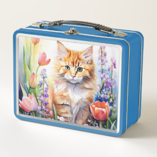 Watercolor Orange Tabby Kitty Cat In Flower Garden Metal Lunch Box