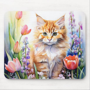 Watercolor Orange Tabby Kitty Cat In Flower Garden Mouse Mat